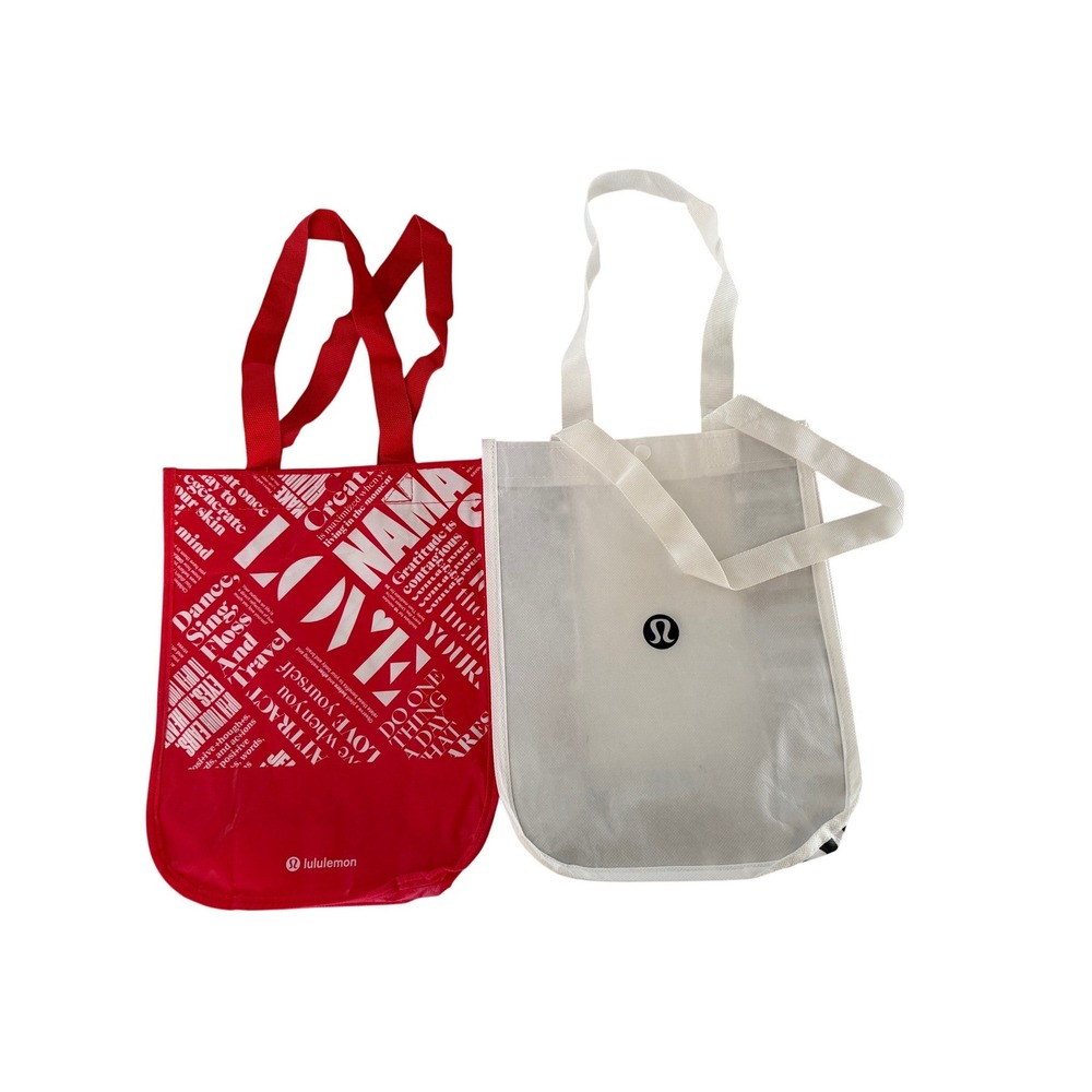 Lululemon Reusable Shopping Tote Bag Set Red Manifesto White Logo Small 2‎ Pack